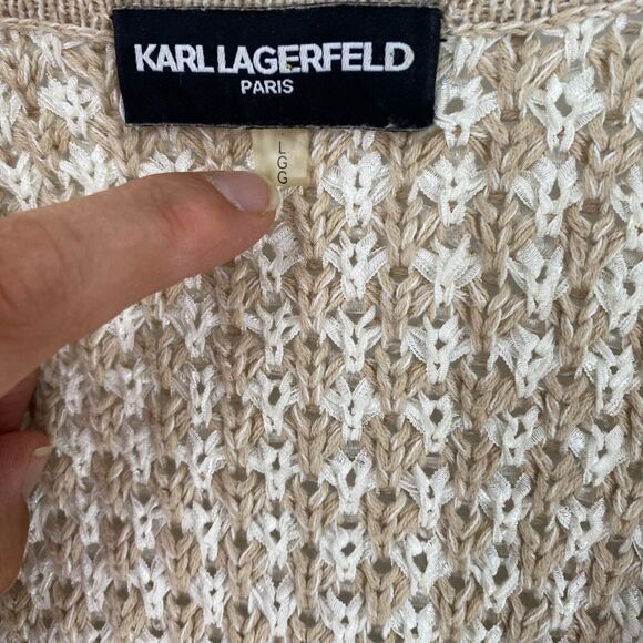 Karl Lagerfeld Womens Chunky‎ Knit Cardigan Sweater Open Front Fringe Sz L Beige - Picture 3 of 8